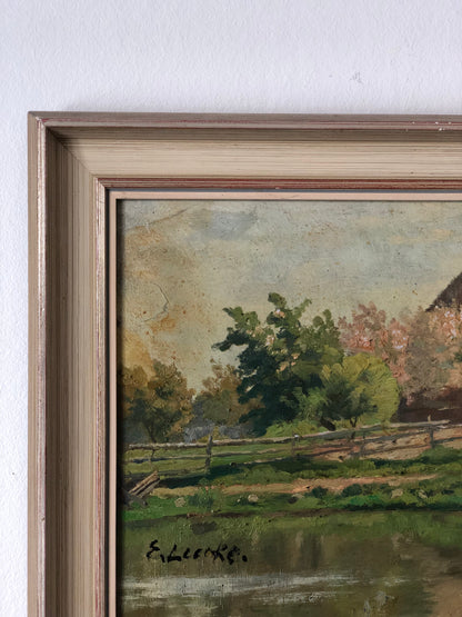 Original Vintage Countryside Cottage Landscape Oil Painting, circa 1925