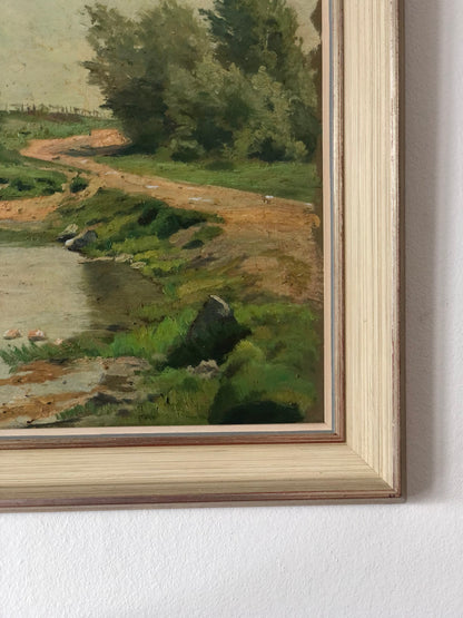 Original Vintage Countryside Cottage Landscape Oil Painting, circa 1925