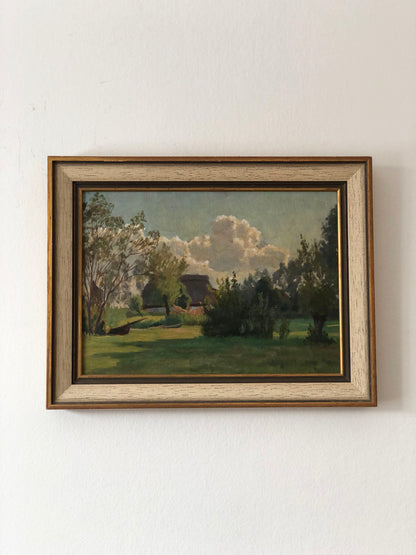 Original Vintage Landscape Cottage Nature Oil Painting, circa 1925