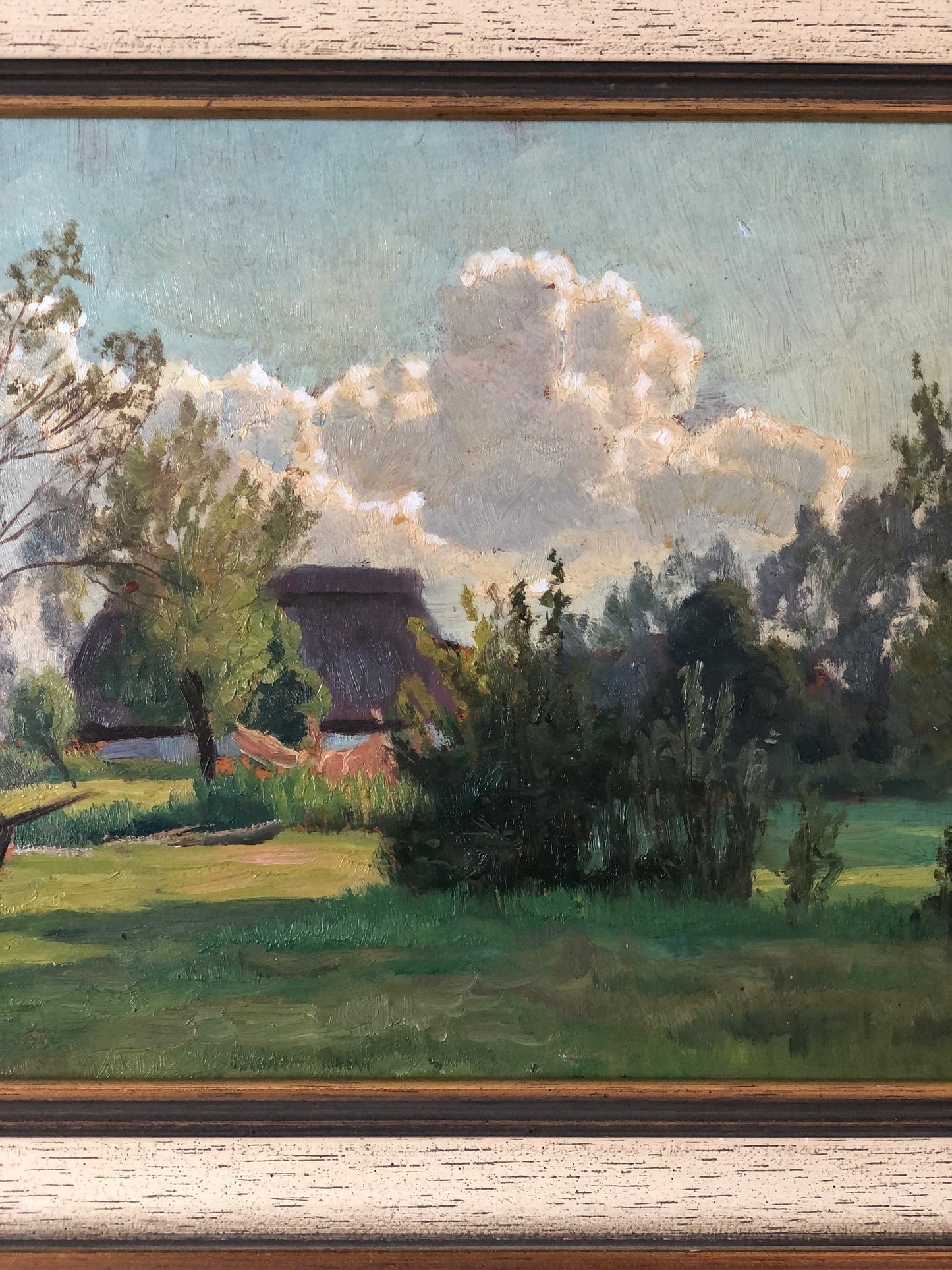 Original Vintage Landscape Cottage Nature Oil Painting, circa 1925