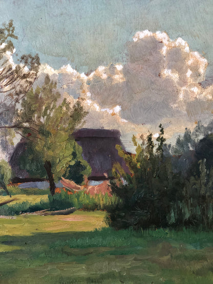 Original Vintage Landscape Cottage Nature Oil Painting, circa 1925
