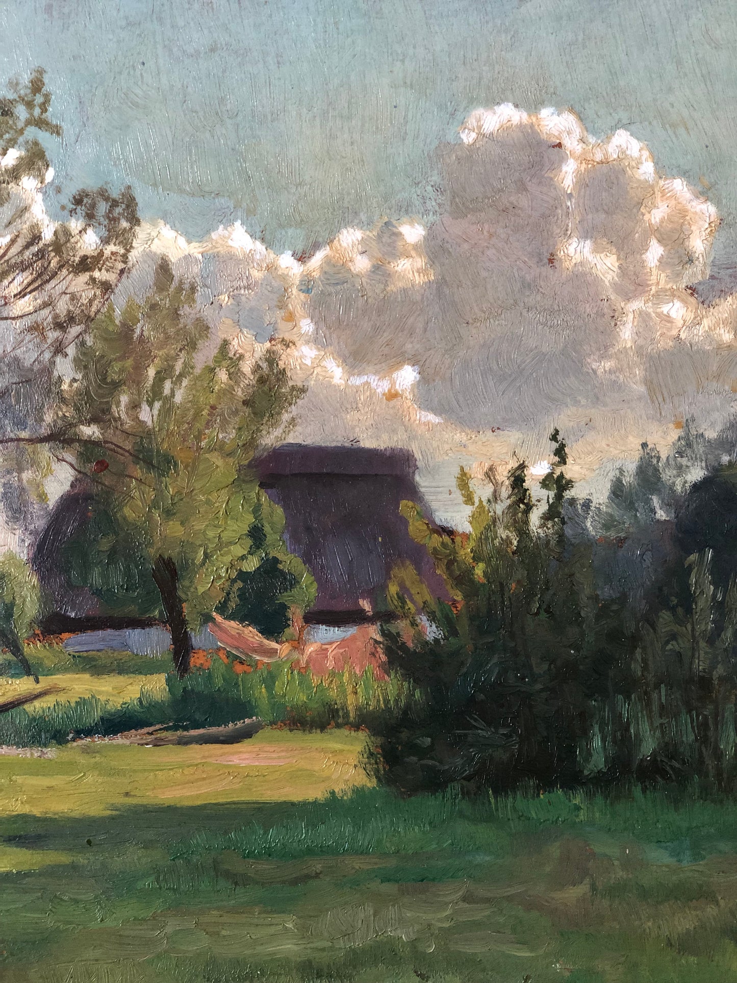 Original Vintage Landscape Cottage Nature Oil Painting, circa 1925