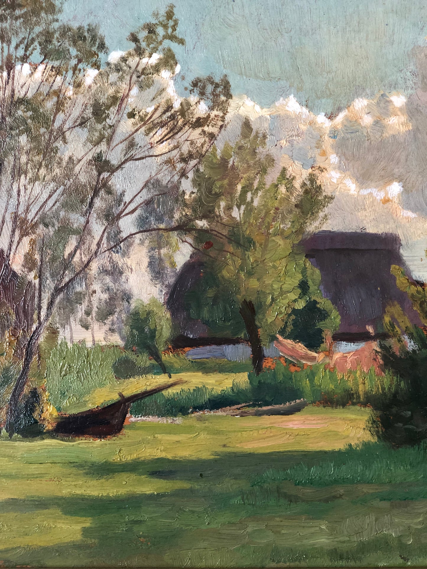 Original Vintage Landscape Cottage Nature Oil Painting, circa 1925