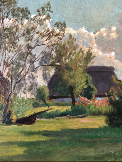 Original Vintage Landscape Cottage Nature Oil Painting, circa 1925
