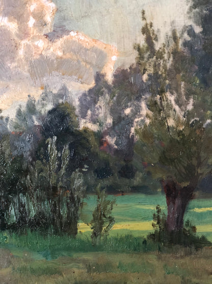 Original Vintage Landscape Cottage Nature Oil Painting, circa 1925