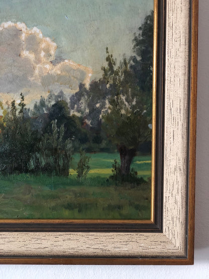 Original Vintage Landscape Cottage Nature Oil Painting, circa 1925
