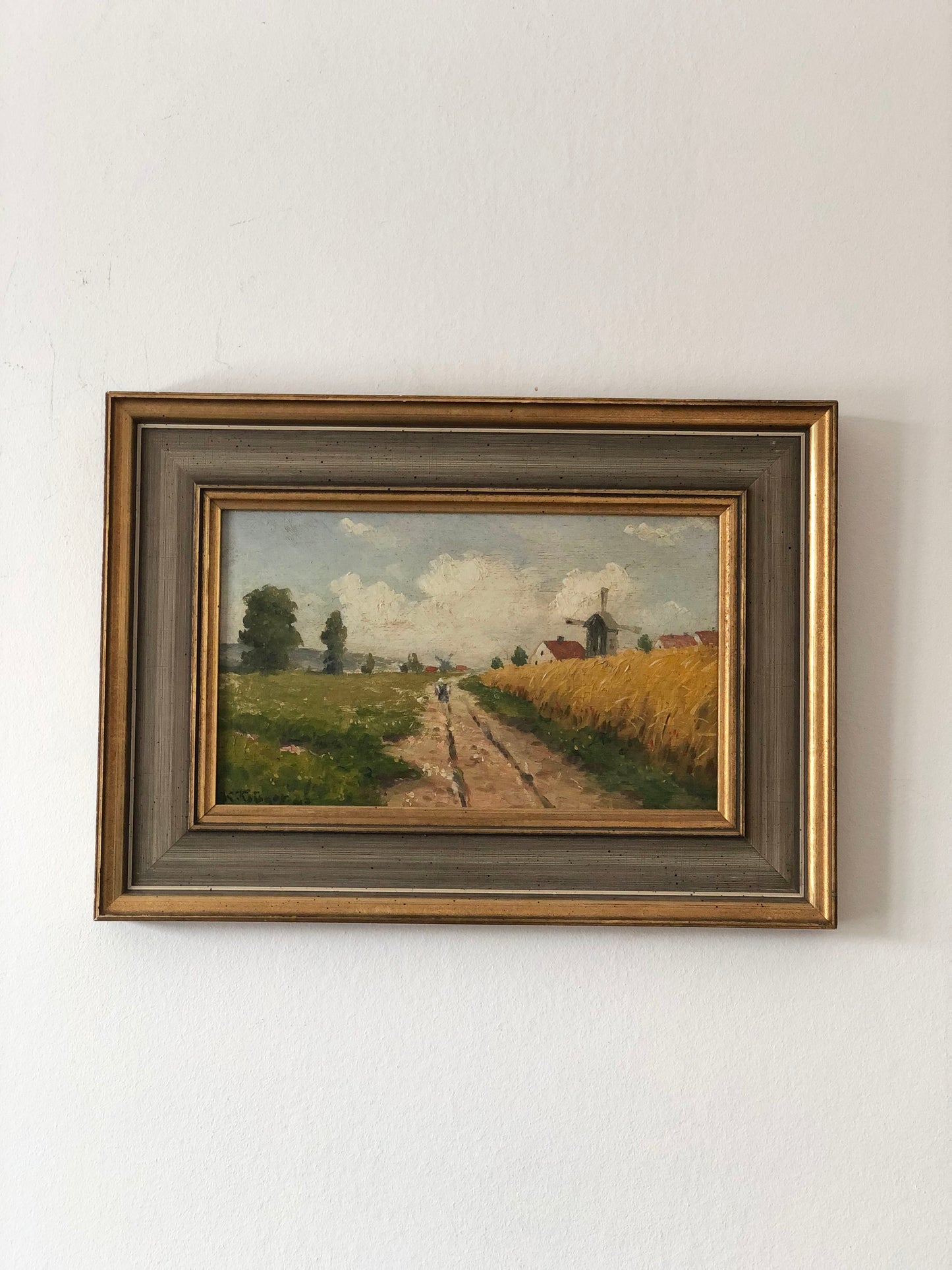 Original Vintage Landscape Cottage Oil Painting, circa 1923