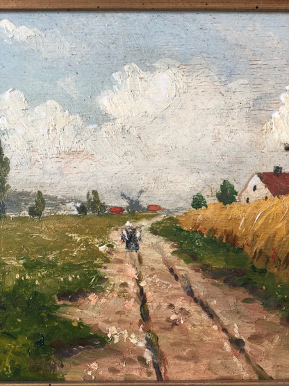 Original Vintage Landscape Cottage Oil Painting, circa 1923