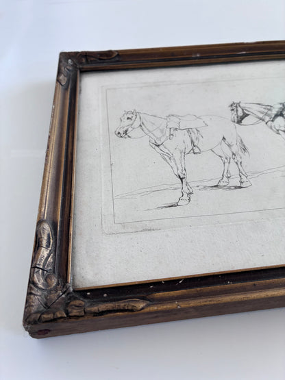Pair of Antique Orginal Horse Equestrian Etchings in Gilded Frames, circa 1700