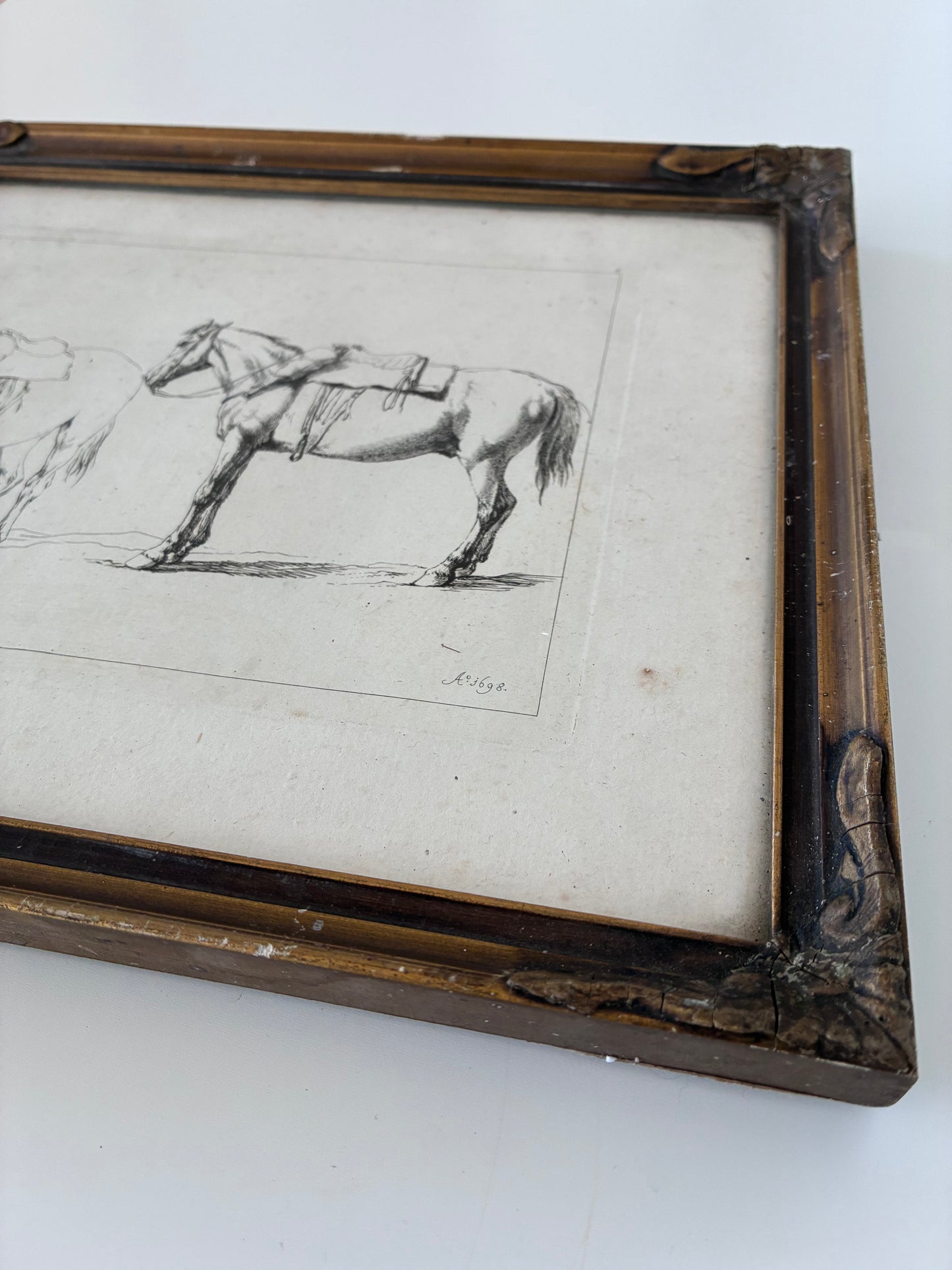 Pair of Antique Orginal Horse Equestrian Etchings in Gilded Frames, circa 1700