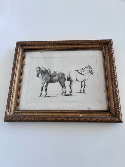Pair of Antique Orginal Horse Equestrian Etchings in Gilded Frames, circa 1700