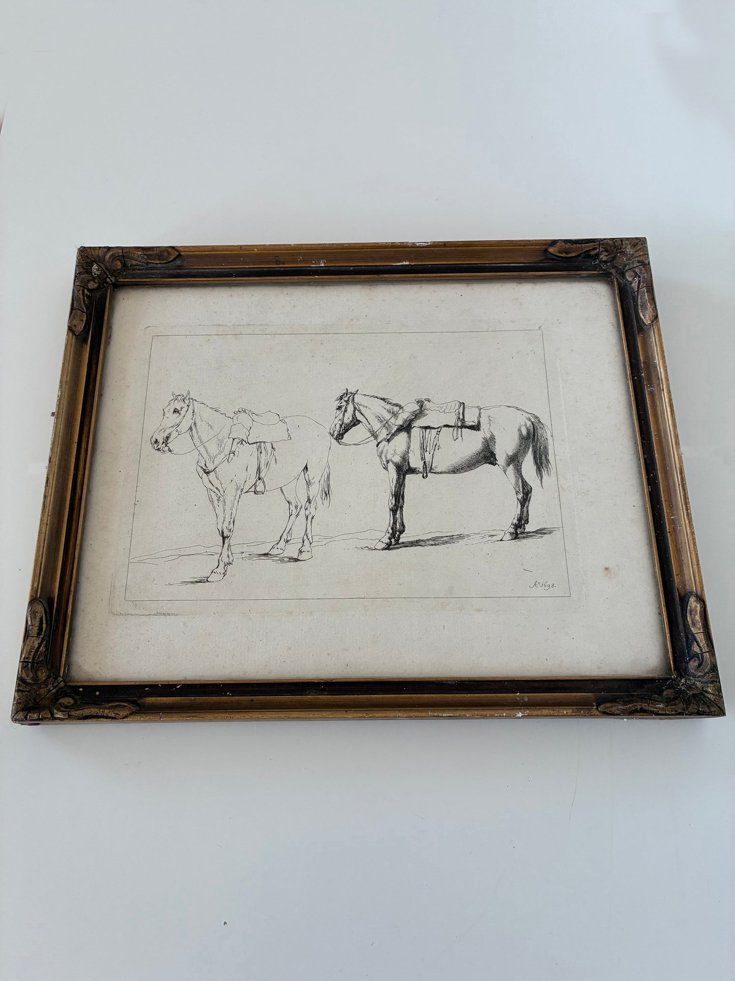 Pair of Antique Orginal Horse Equestrian Etchings in Gilded Frames, circa 1700