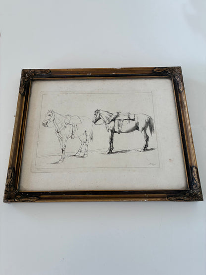 Pair of Antique Orginal Horse Equestrian Etchings in Gilded Frames, circa 1700