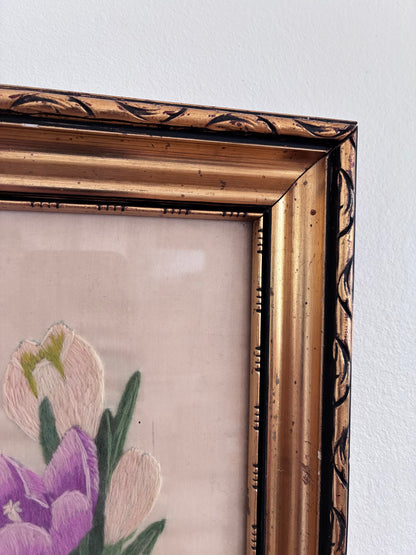 Set Vintage Flower on Silk Paintings, Embroidery Flower Art