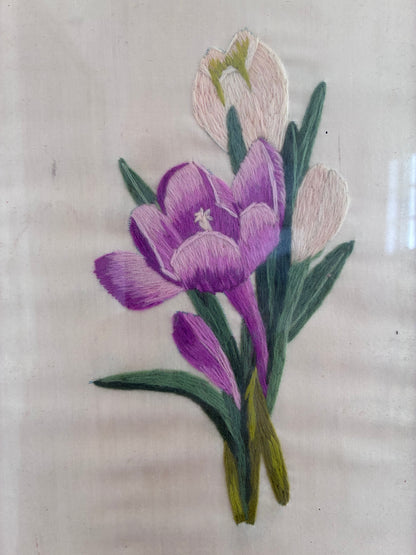 Set Vintage Flower on Silk Paintings, Embroidery Flower Art