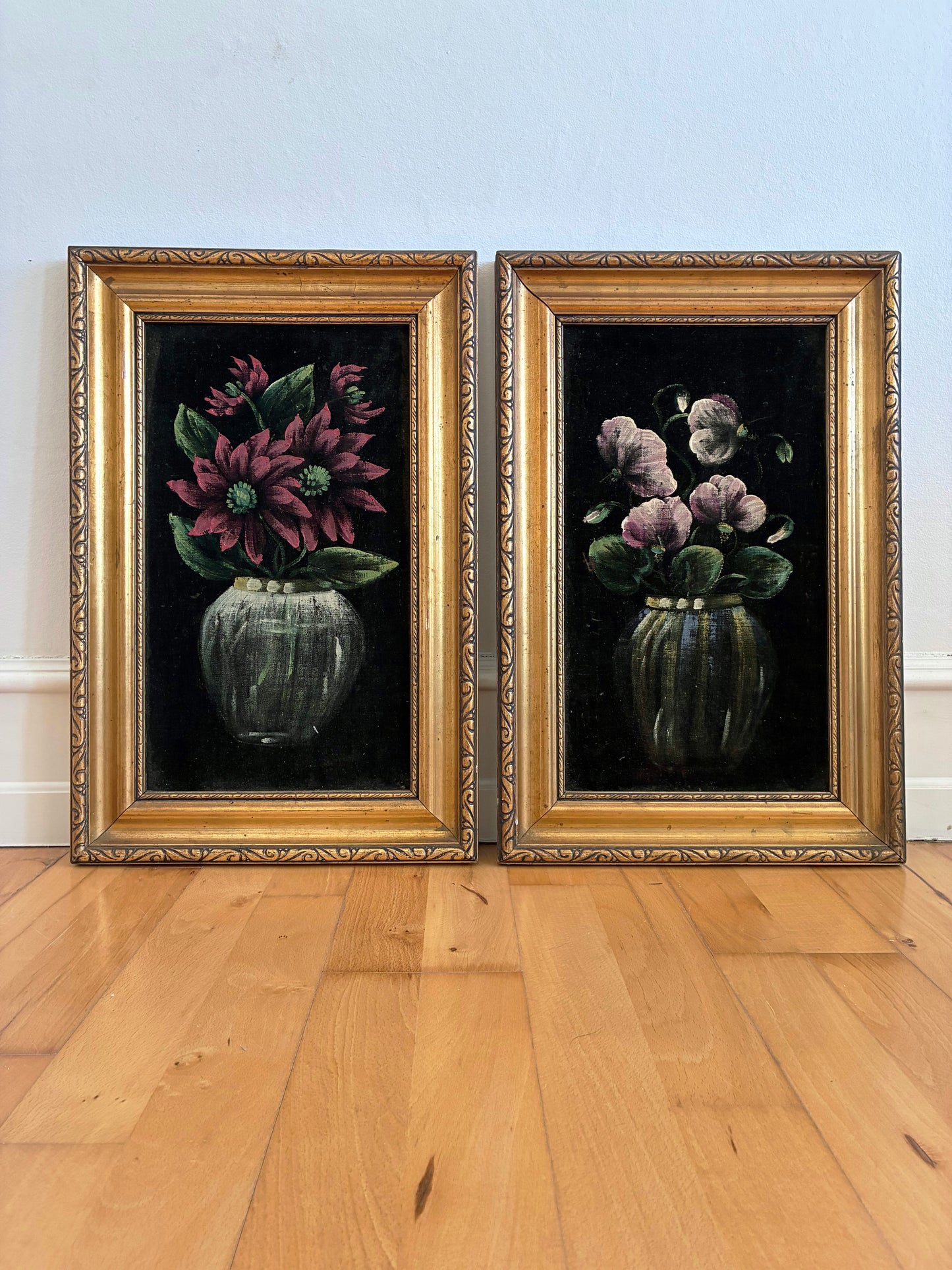 Vintage Original Velvet Flower Oil Painting Set, Pair of Framed Still Life Art
