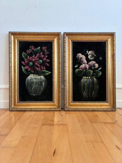 Vintage Original Velvet Flower Oil Painting Set, Pair of Framed Still Life Art