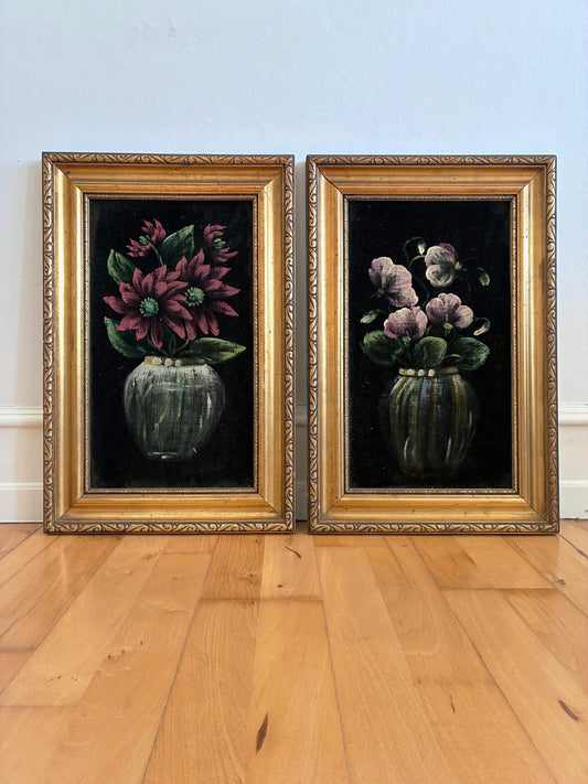 Vintage Original Velvet Flower Oil Painting Set, Pair of Framed Still Life Art