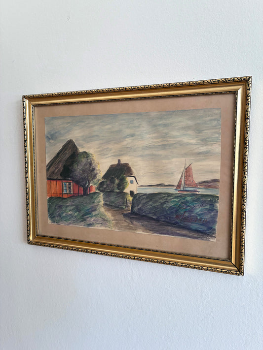 Vintage Coastal Village Drawing, Seaside Cottage Art