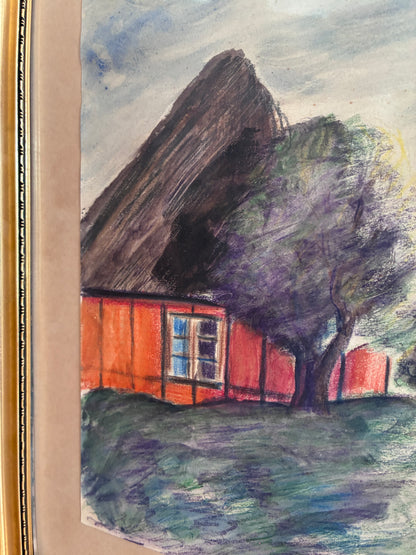 Vintage Coastal Village Drawing, Seaside Cottage Art
