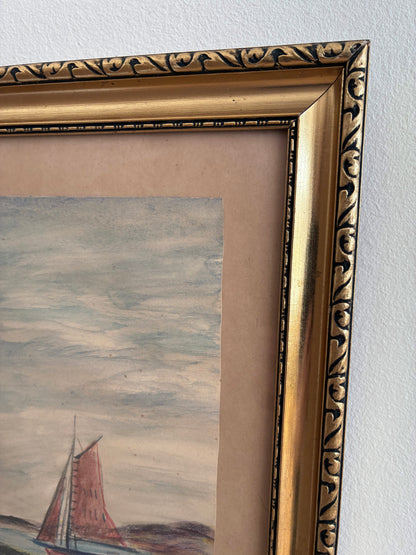Vintage Coastal Village Drawing, Seaside Cottage Art