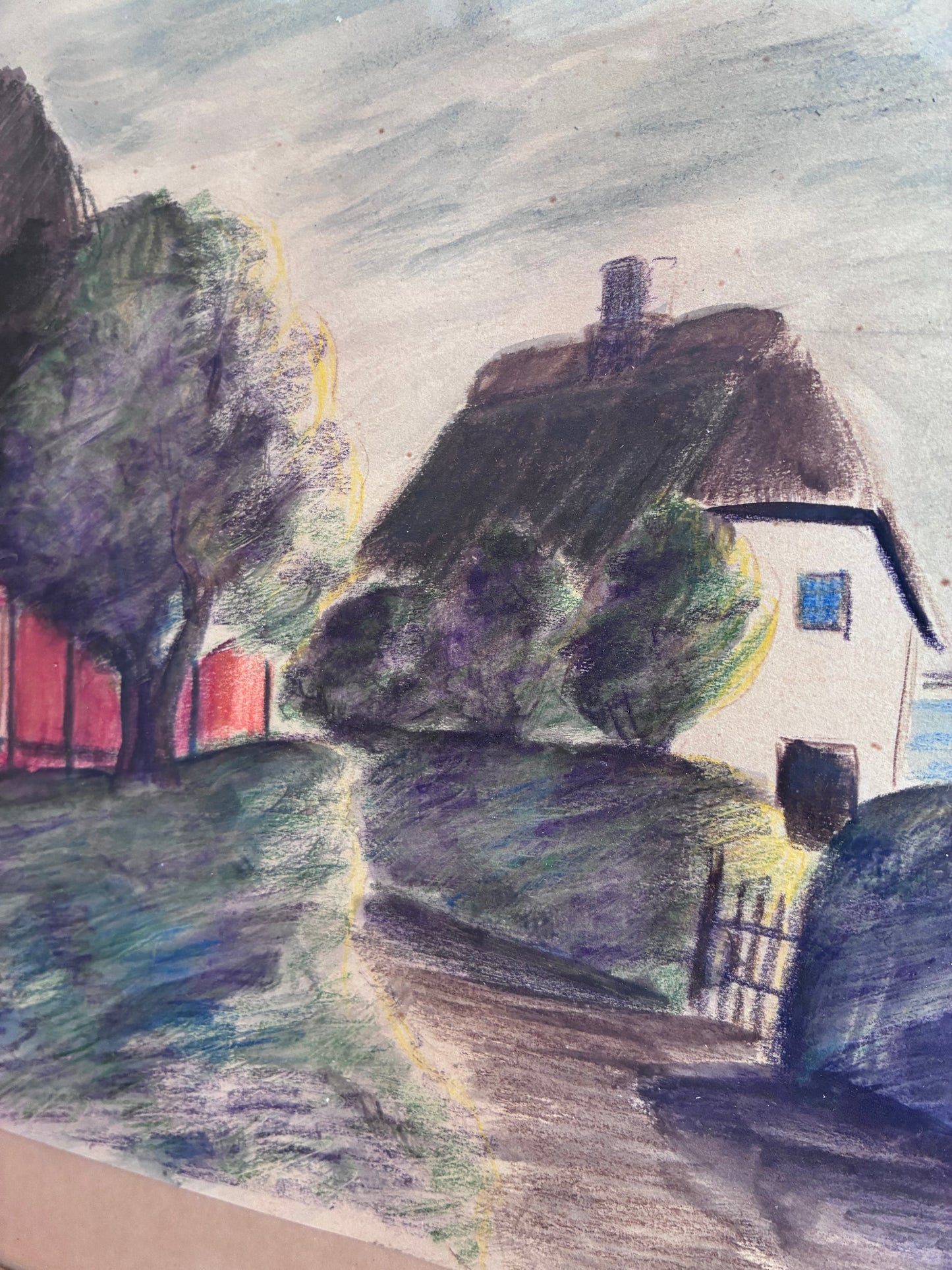 Vintage Coastal Village Drawing, Seaside Cottage Art