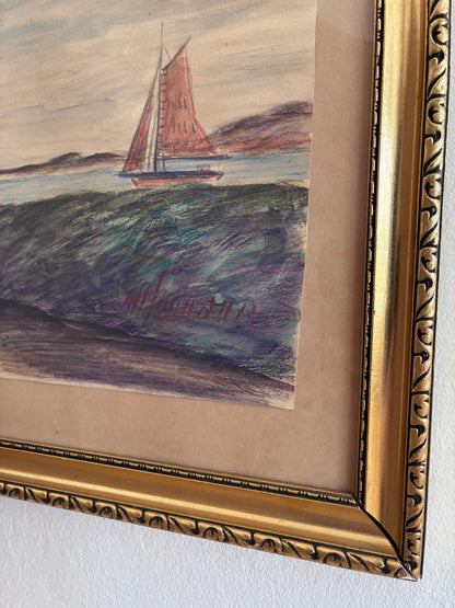 Vintage Coastal Village Drawing, Seaside Cottage Art