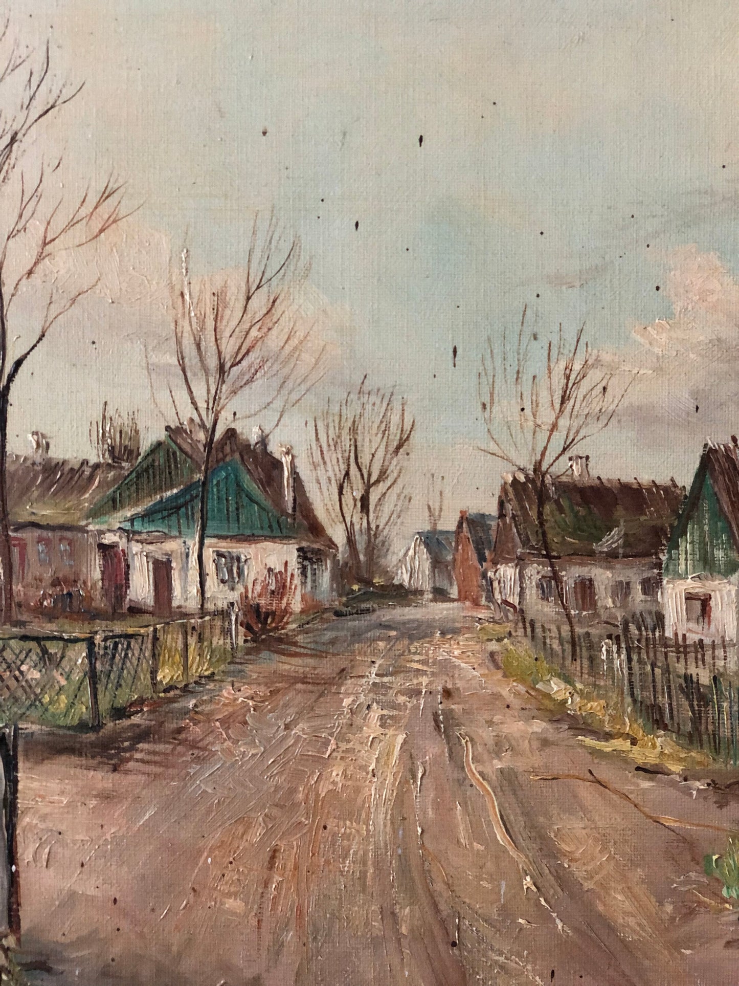 Large Vintage European Village Original Oil Painting with Cottages, circa 1940