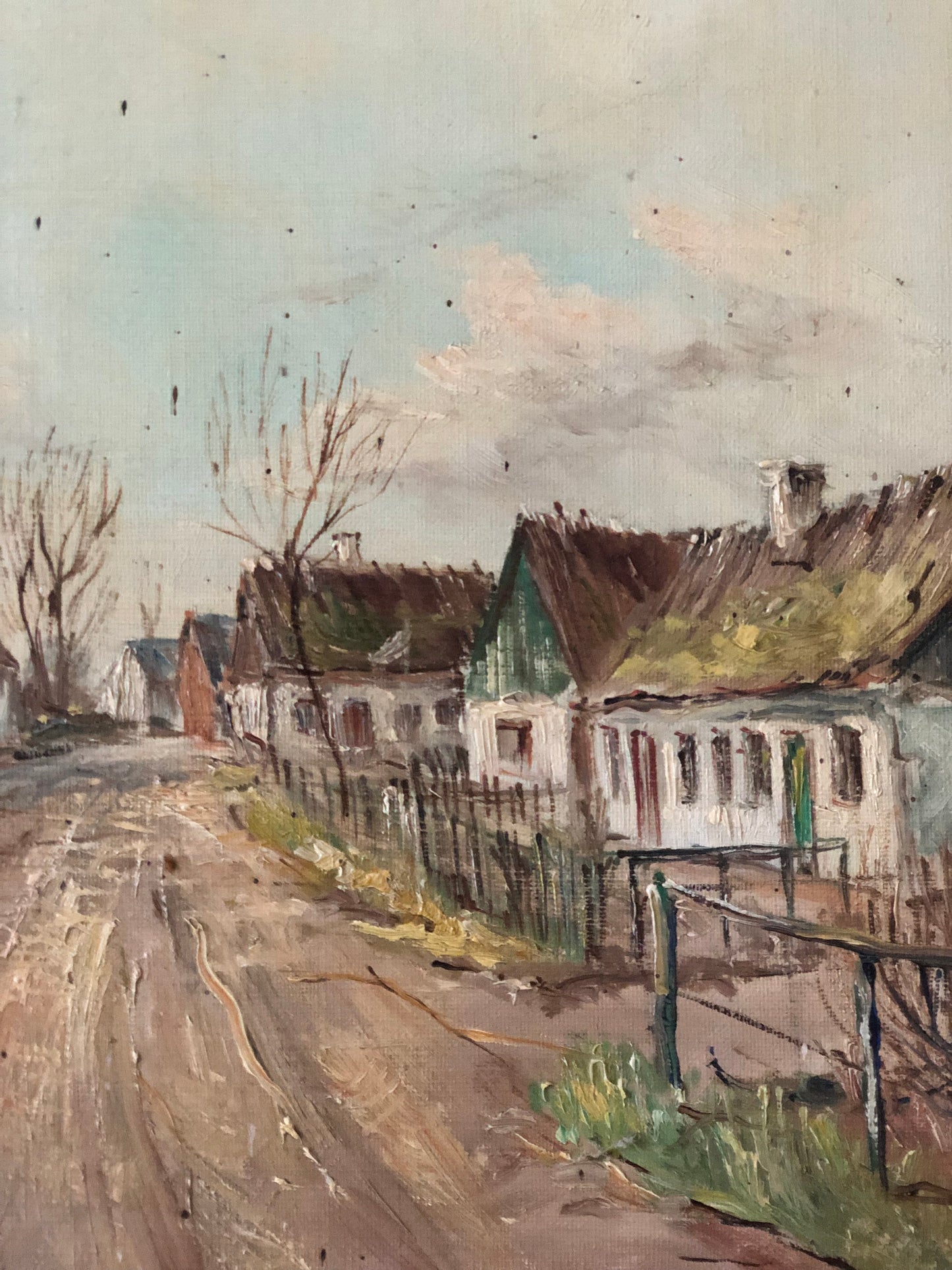 Large Vintage European Village Original Oil Painting with Cottages, circa 1940