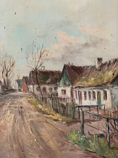 Large Vintage European Village Original Oil Painting with Cottages, circa 1940