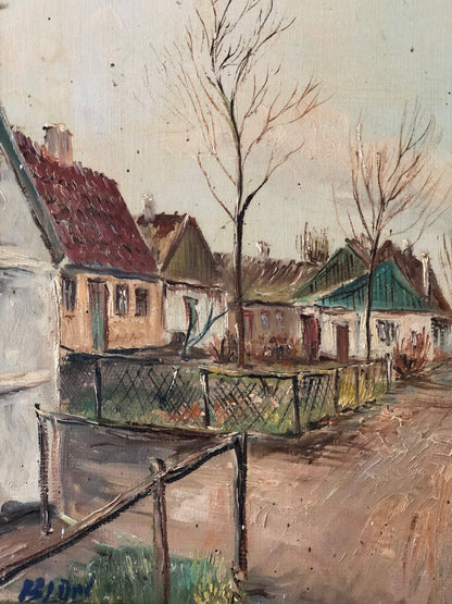 Large Vintage European Village Original Oil Painting with Cottages, circa 1940