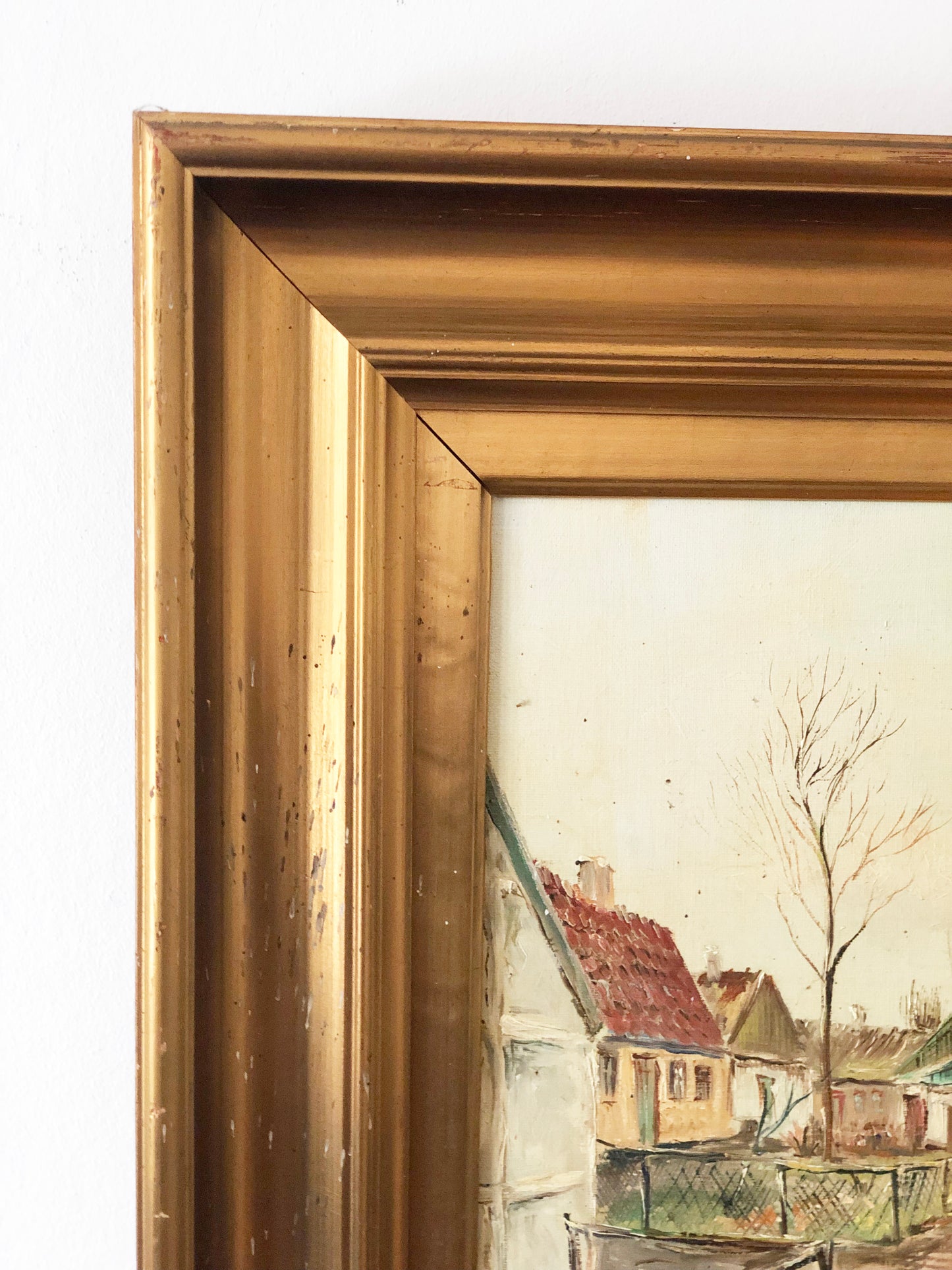 Large Vintage European Village Original Oil Painting with Cottages, circa 1940