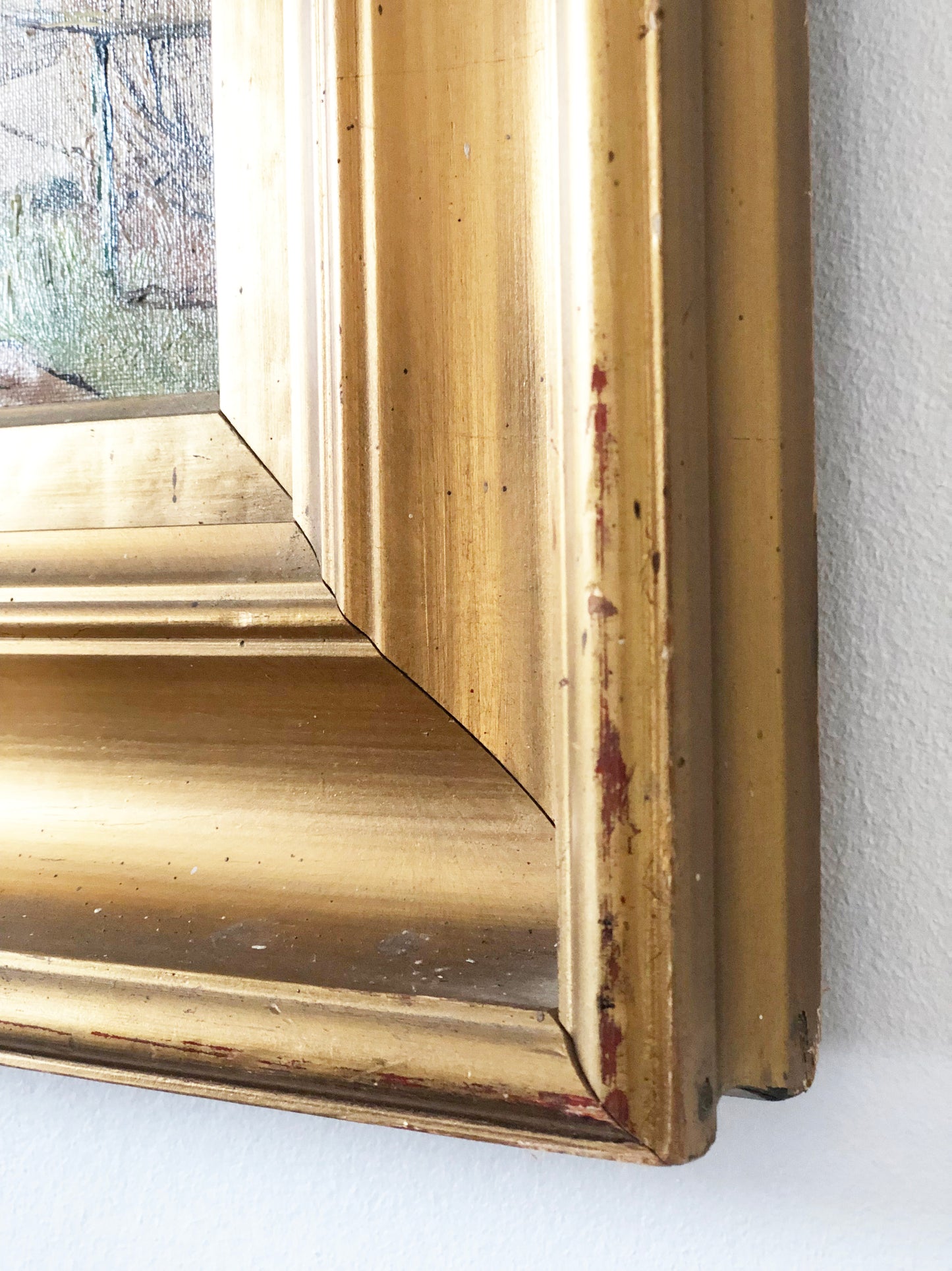 Large Vintage European Village Original Oil Painting with Cottages, circa 1940