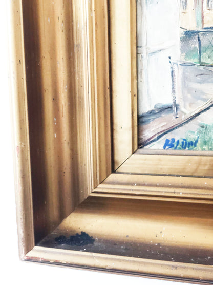 Large Vintage European Village Original Oil Painting with Cottages, circa 1940