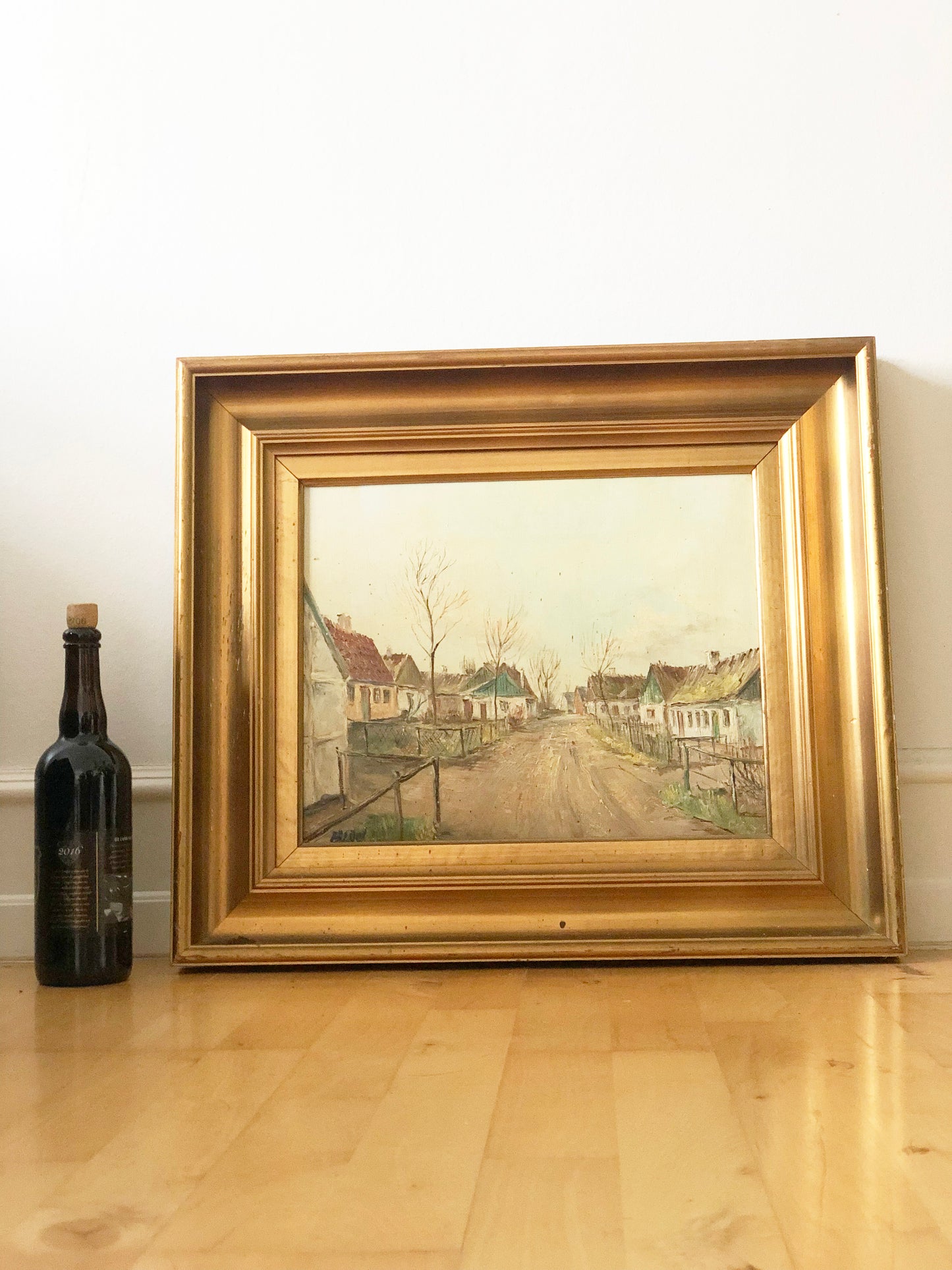 Large Vintage European Village Original Oil Painting with Cottages, circa 1940