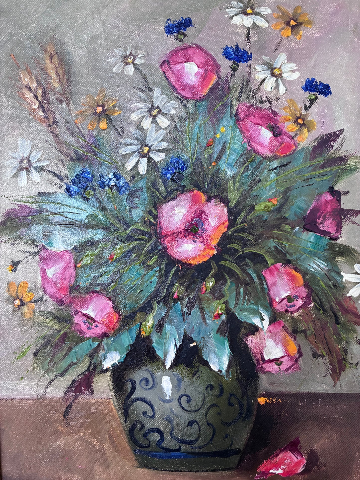 Vintage Original Flower Still Life Oil Painting, circa 1960
