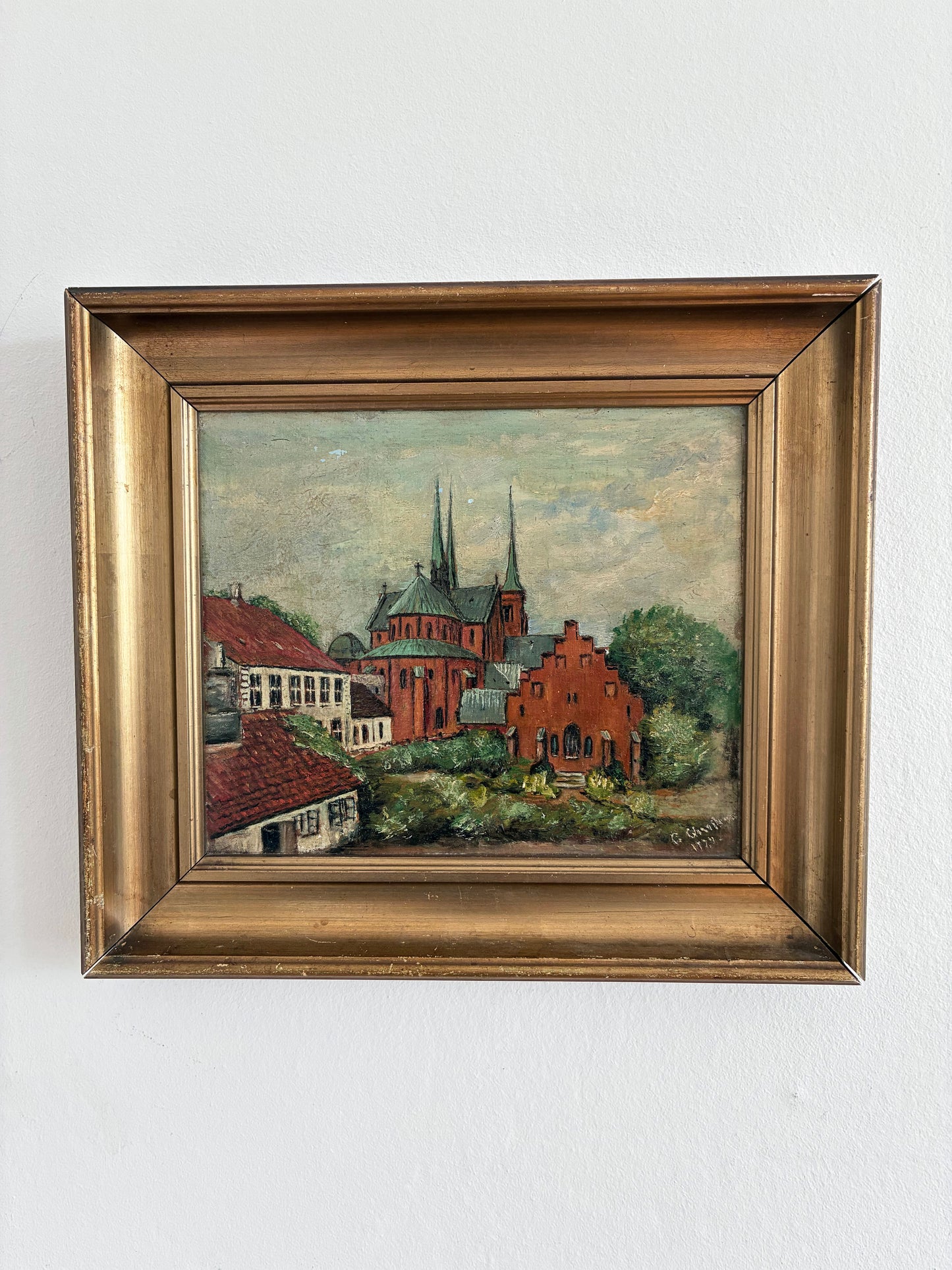 Vintage Original Church Oil Painting, European Village Landscape