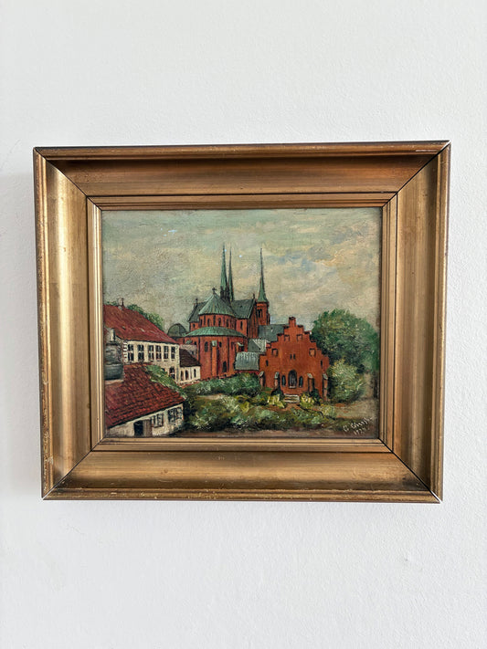 Vintage Original Church Oil Painting, European Village Landscape