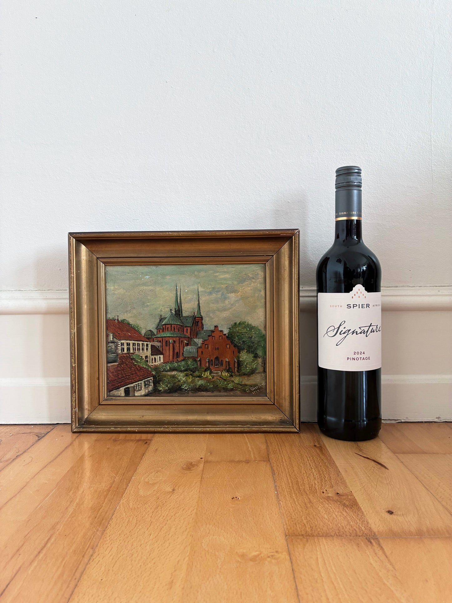 Vintage Original Church Oil Painting, European Village Landscape