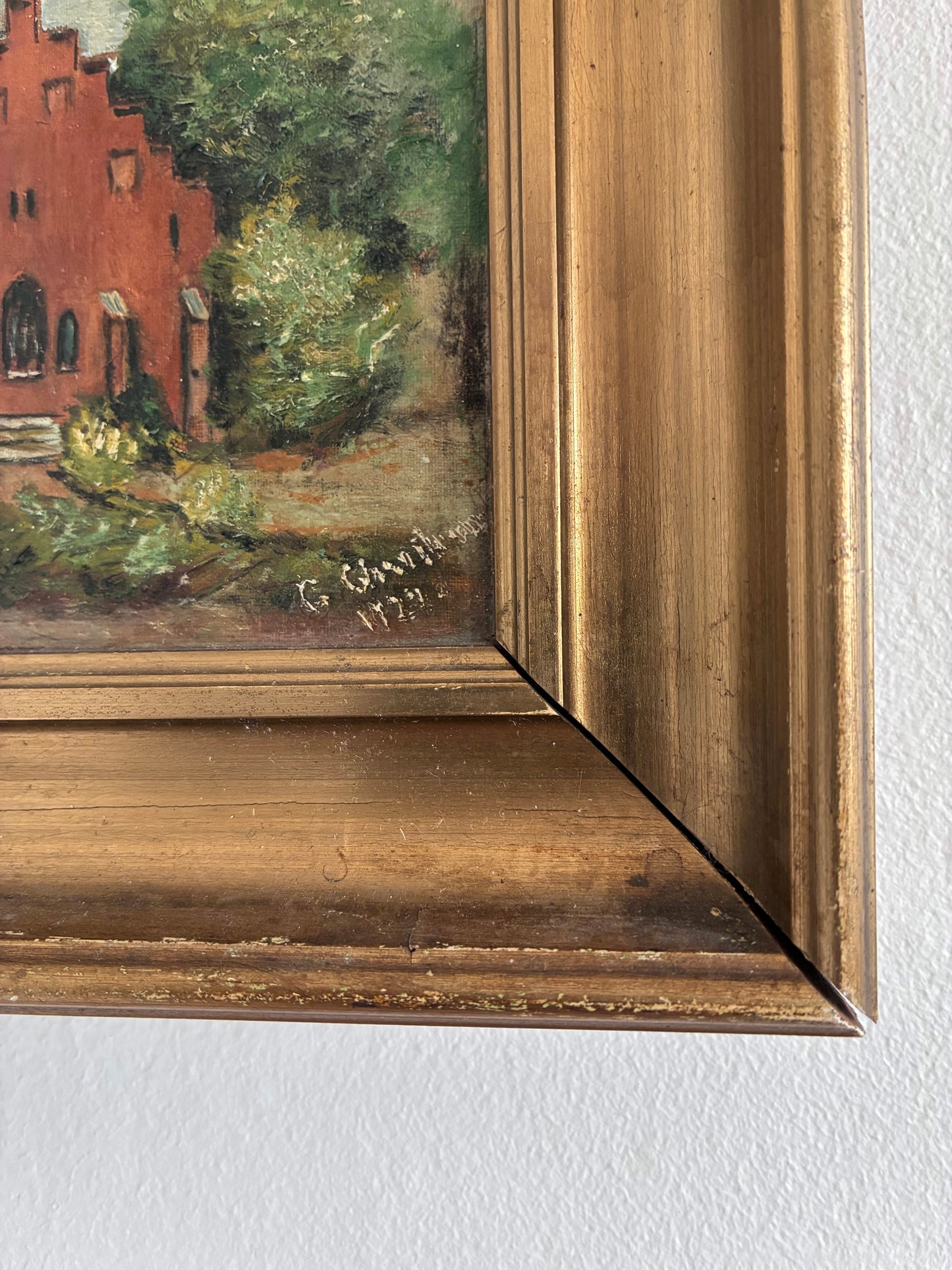 Vintage Original Church Oil Painting, European Village Landscape