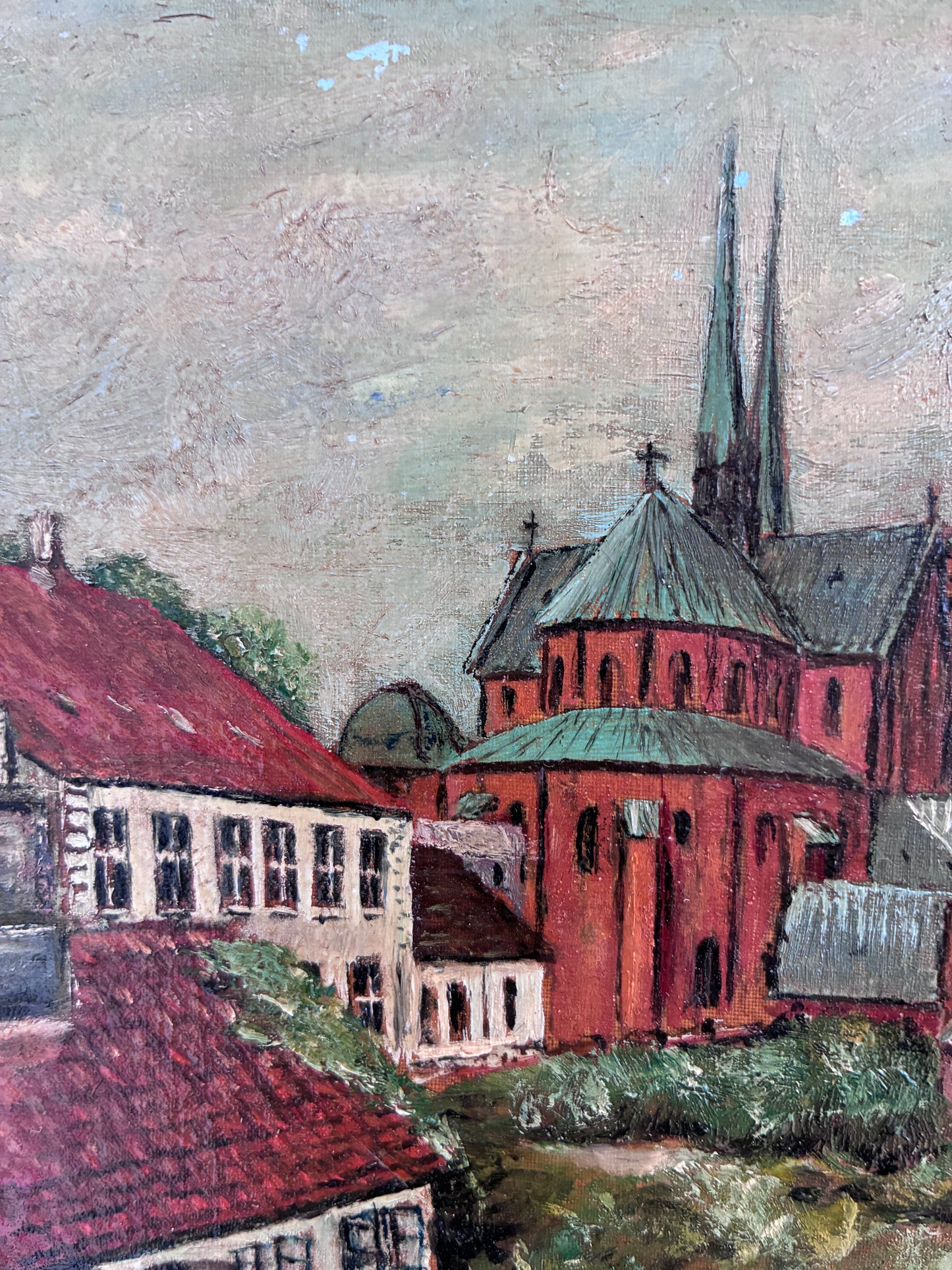 Vintage Original Church Oil Painting, European Village Landscape