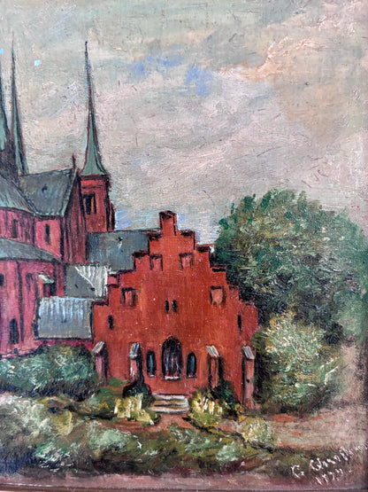 Vintage Original Church Oil Painting, European Village Landscape