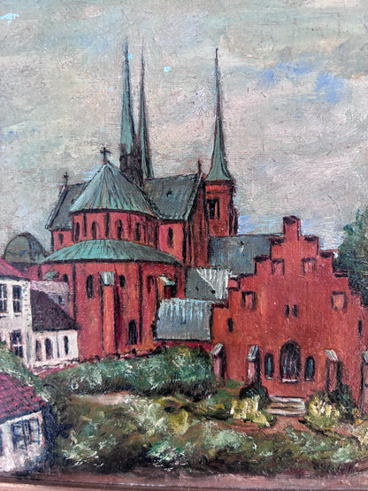 Vintage Original Church Oil Painting, European Village Landscape