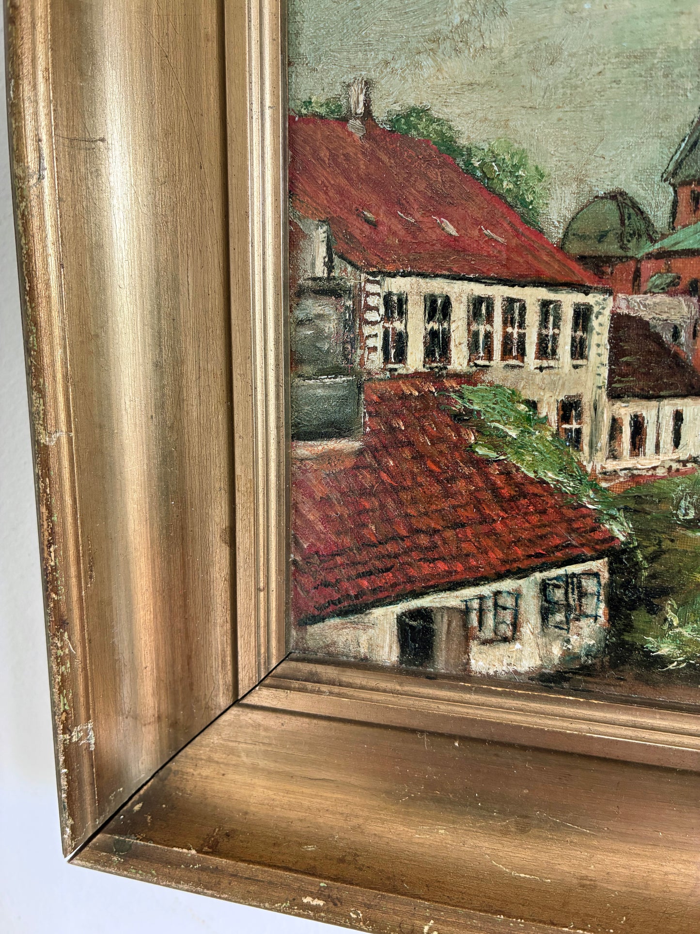 Vintage Original Church Oil Painting, European Village Landscape