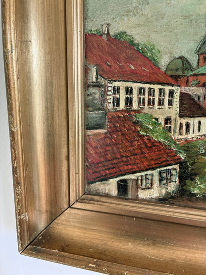 Vintage Original Church Oil Painting, European Village Landscape