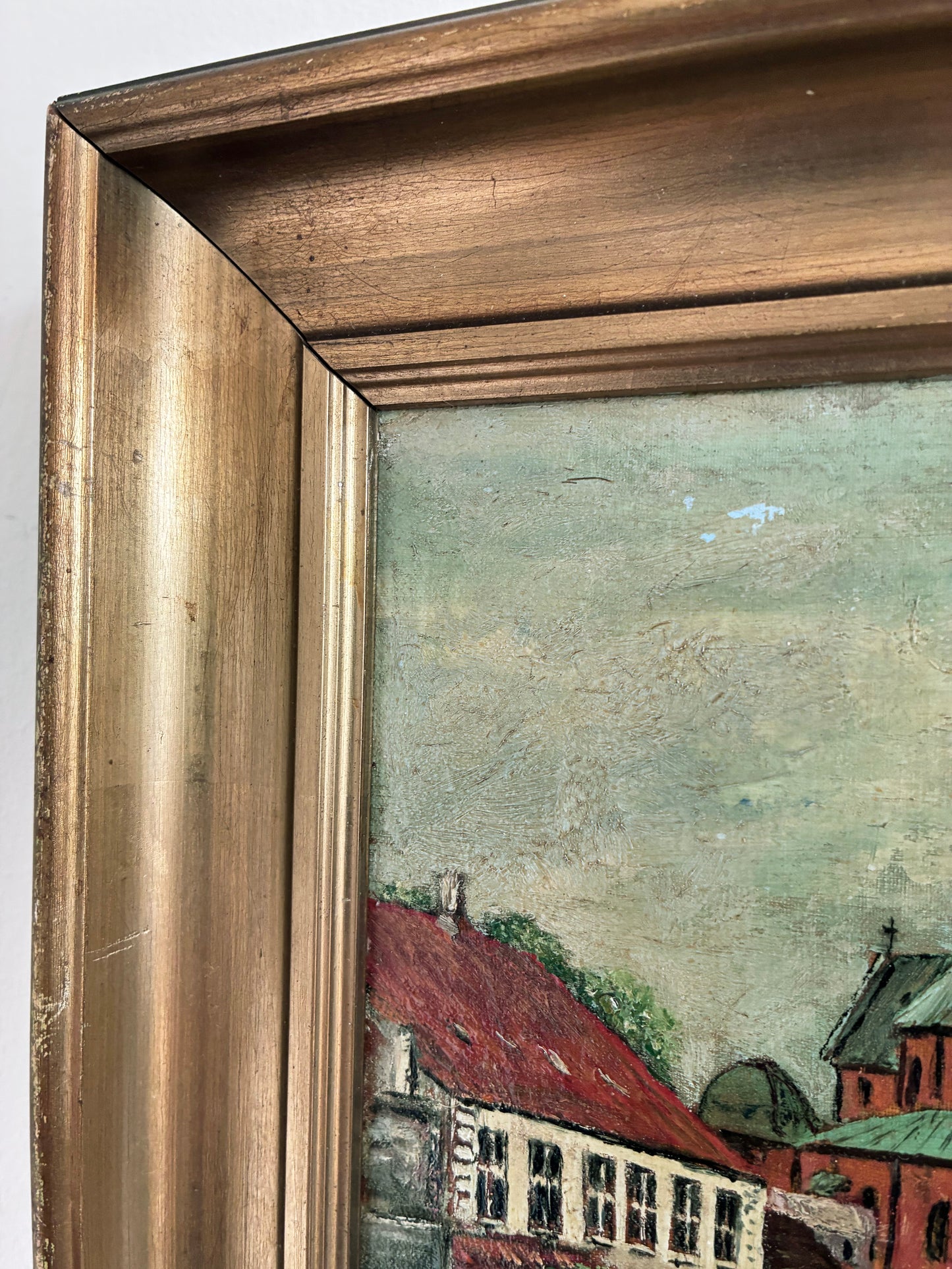 Vintage Original Church Oil Painting, European Village Landscape