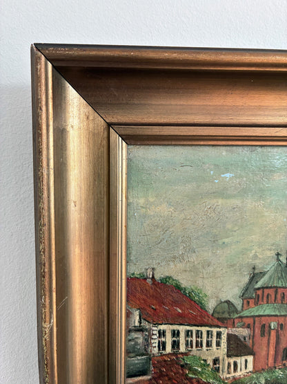 Vintage Original Church Oil Painting, European Village Landscape