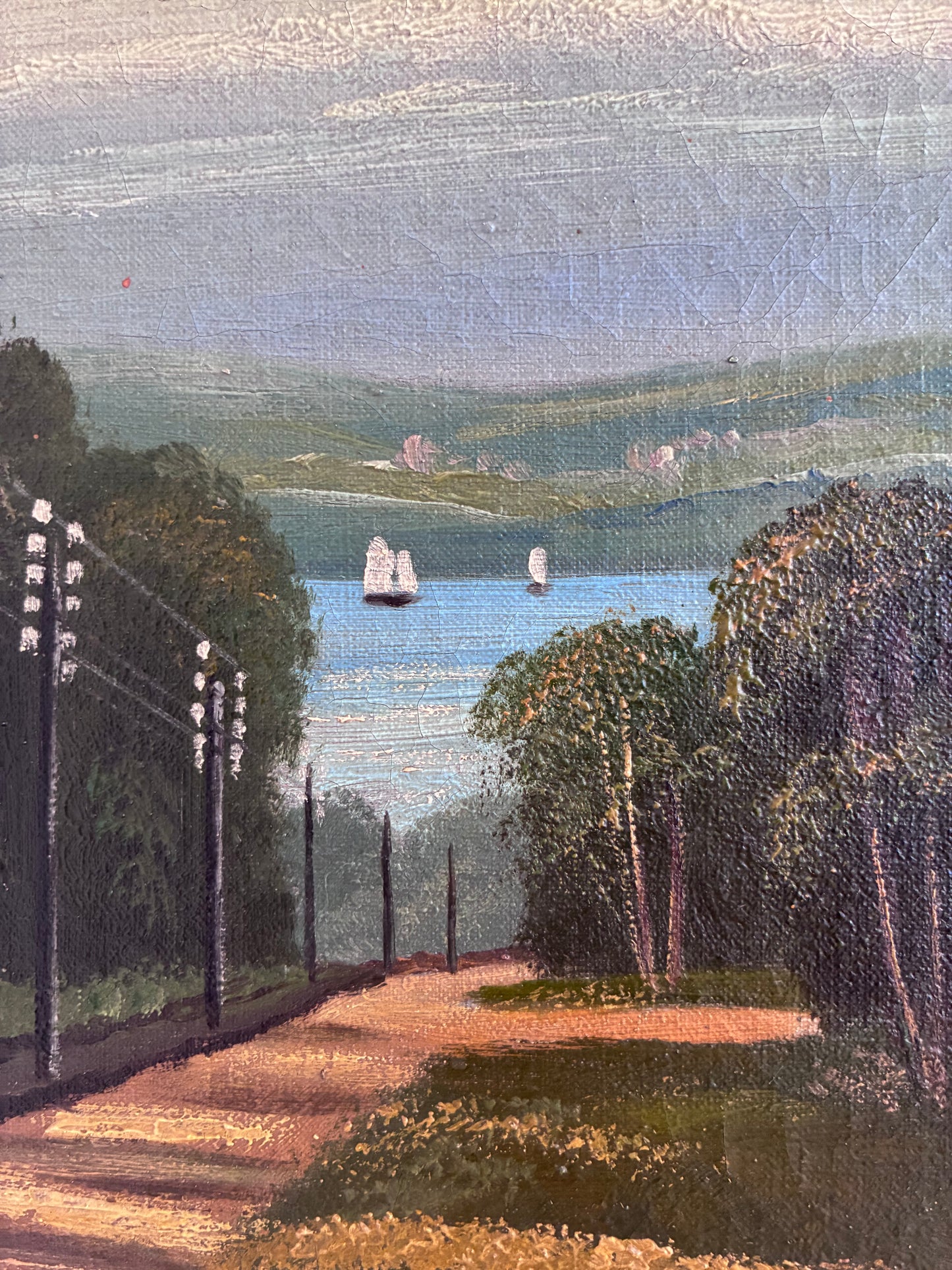 Painting of a scenic view with a path, trees, and ships on water.