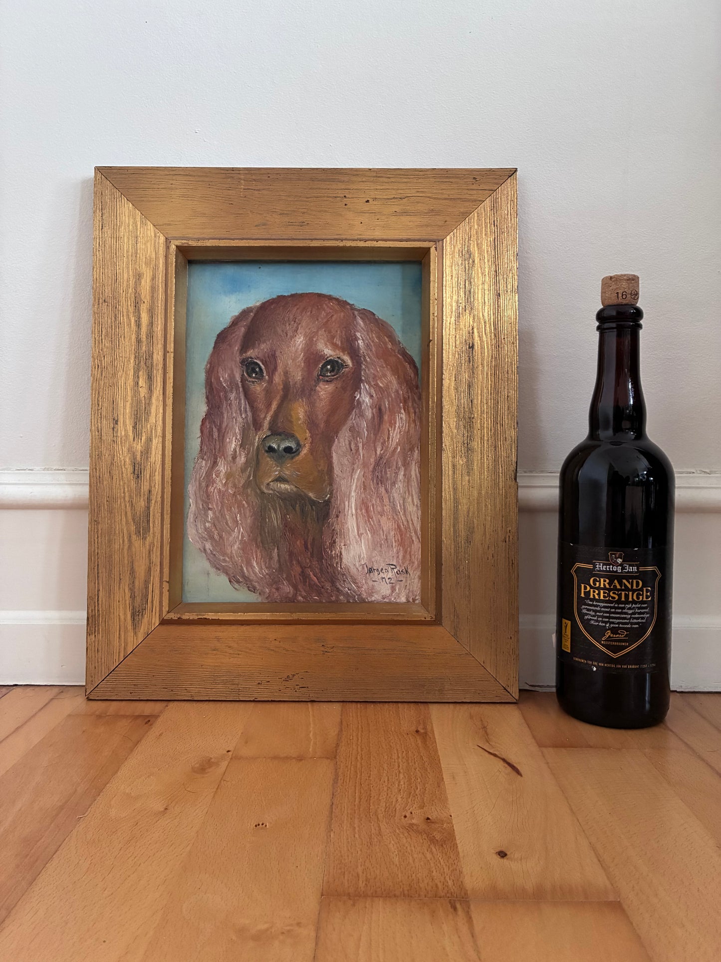 Vintage Original Dog Portrait Oil Painting, Signed Animal Art, gold frame