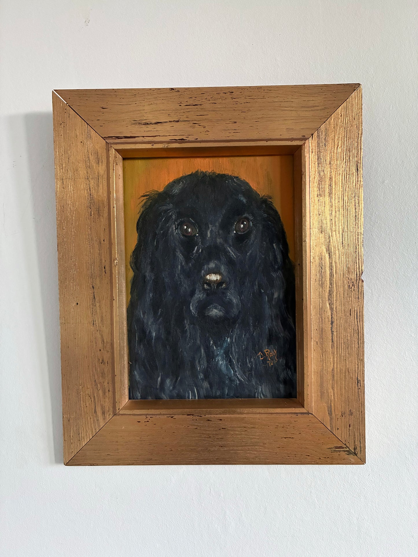 Vintage Original Dog Portrait Oil Painting, Signed Animal Art, gold frame
